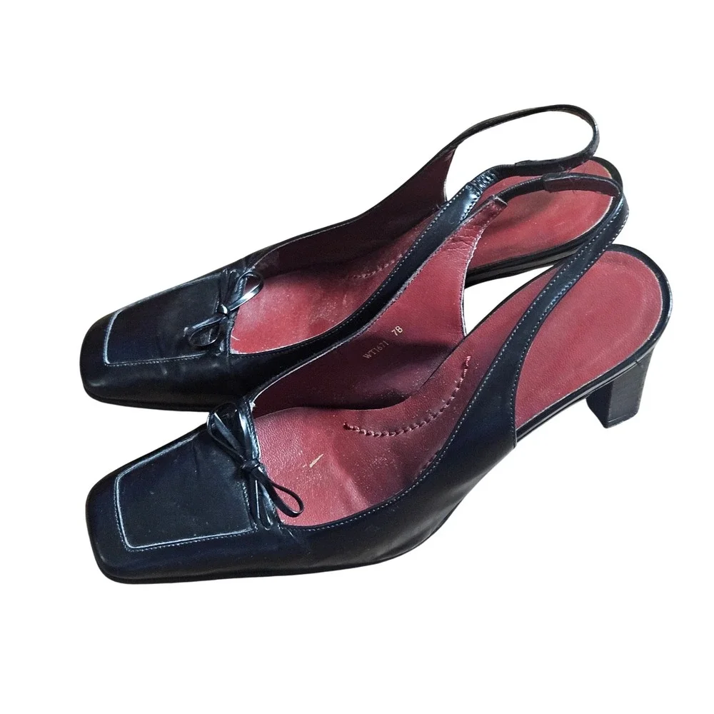 Lauren Ralph Lauren LRL Leather Slingback Square Toe Bow Pumps 7B Heels WT1671